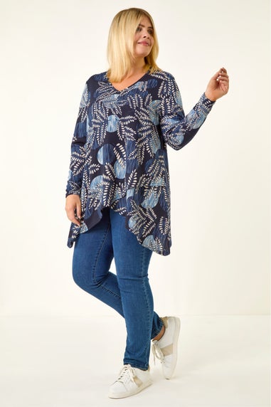 Roman Navy Curve Floral Print V-Neck Top