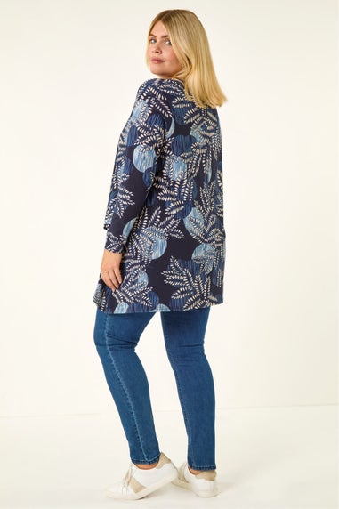 Roman Navy Curve Floral Print V-Neck Top