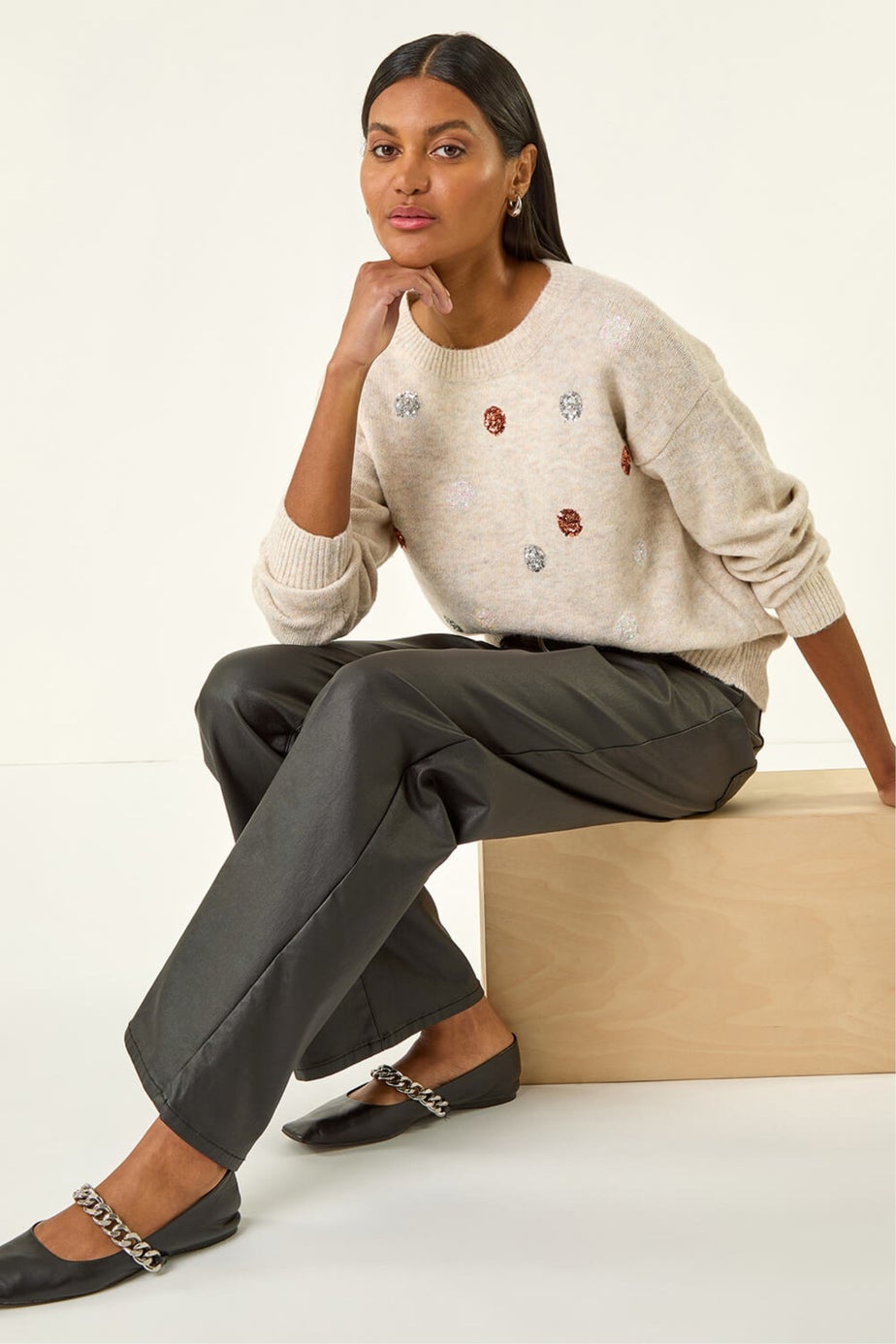 Roman Ivory Sequin Poka Dot Knit Jumper