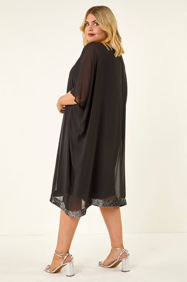 Roman Black Curve Sequin Chiffon Overlay Dress