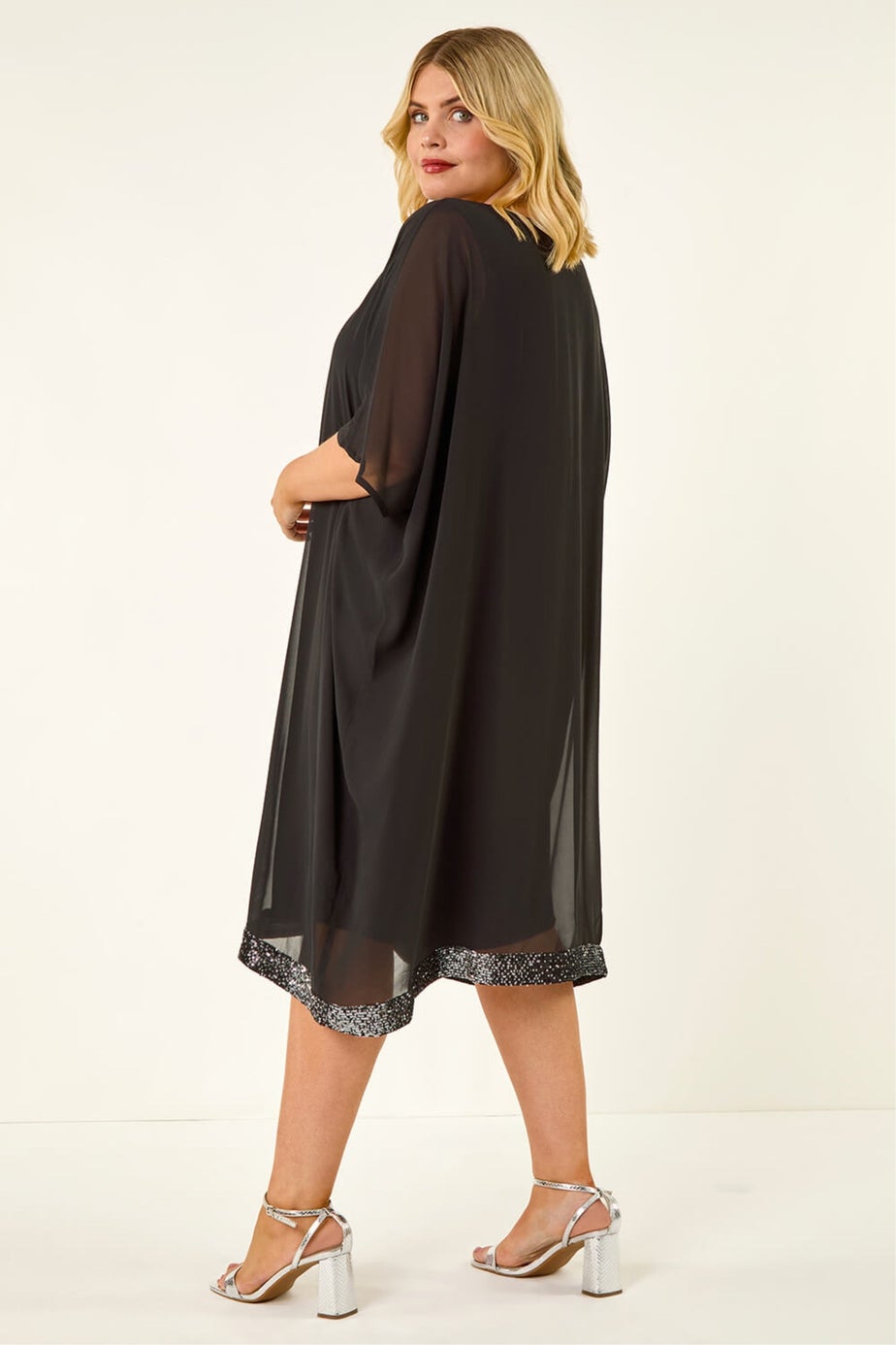 Roman Black Curve Sequin Chiffon Overlay Dress