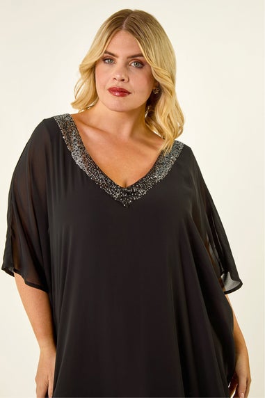 Roman Black Curve Sequin Chiffon Overlay Dress