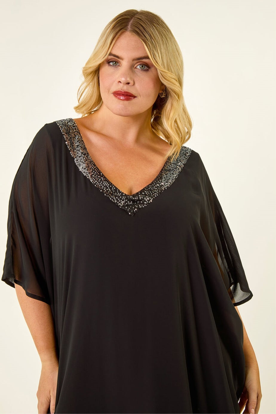 Roman Black Curve Sequin Chiffon Overlay Dress