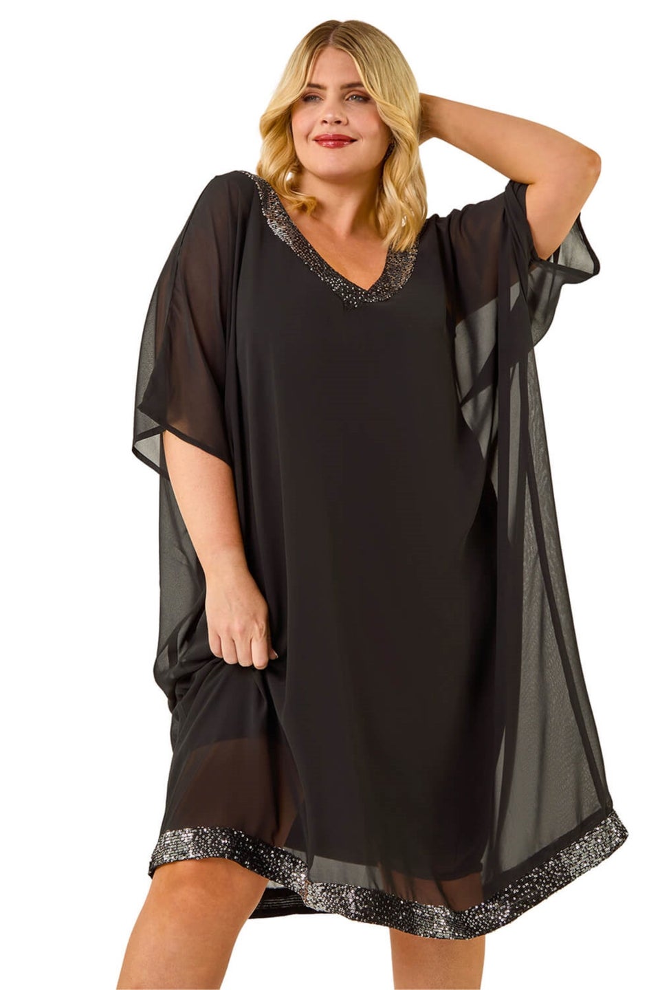 Roman Black Curve Sequin Chiffon Overlay Dress