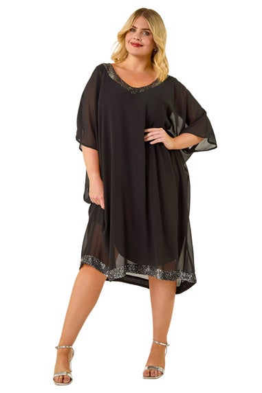 Roman Black Curve Sequin Chiffon Overlay Dress