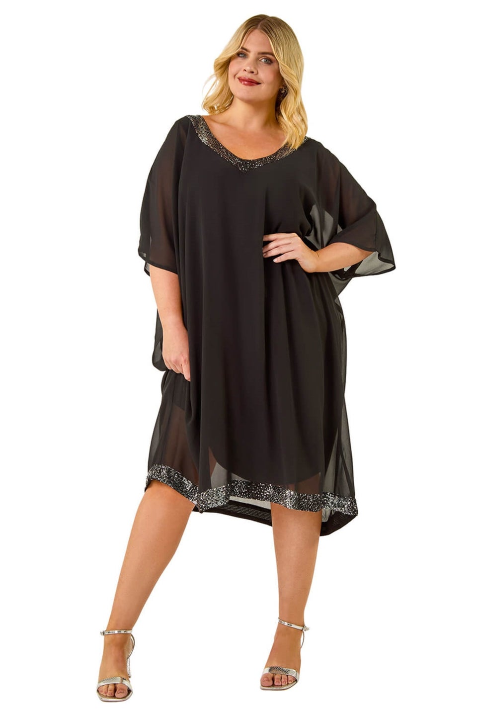 Roman Black Curve Sequin Chiffon Overlay Dress