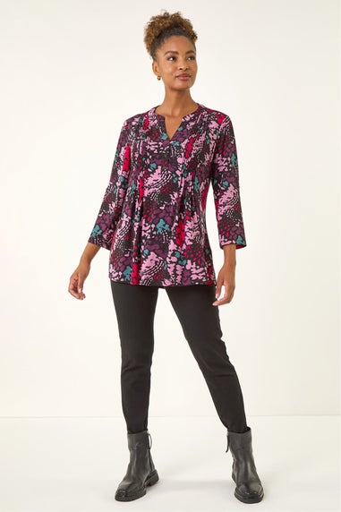 Roman Pink Abstract Animal Print Pintuck Shirt