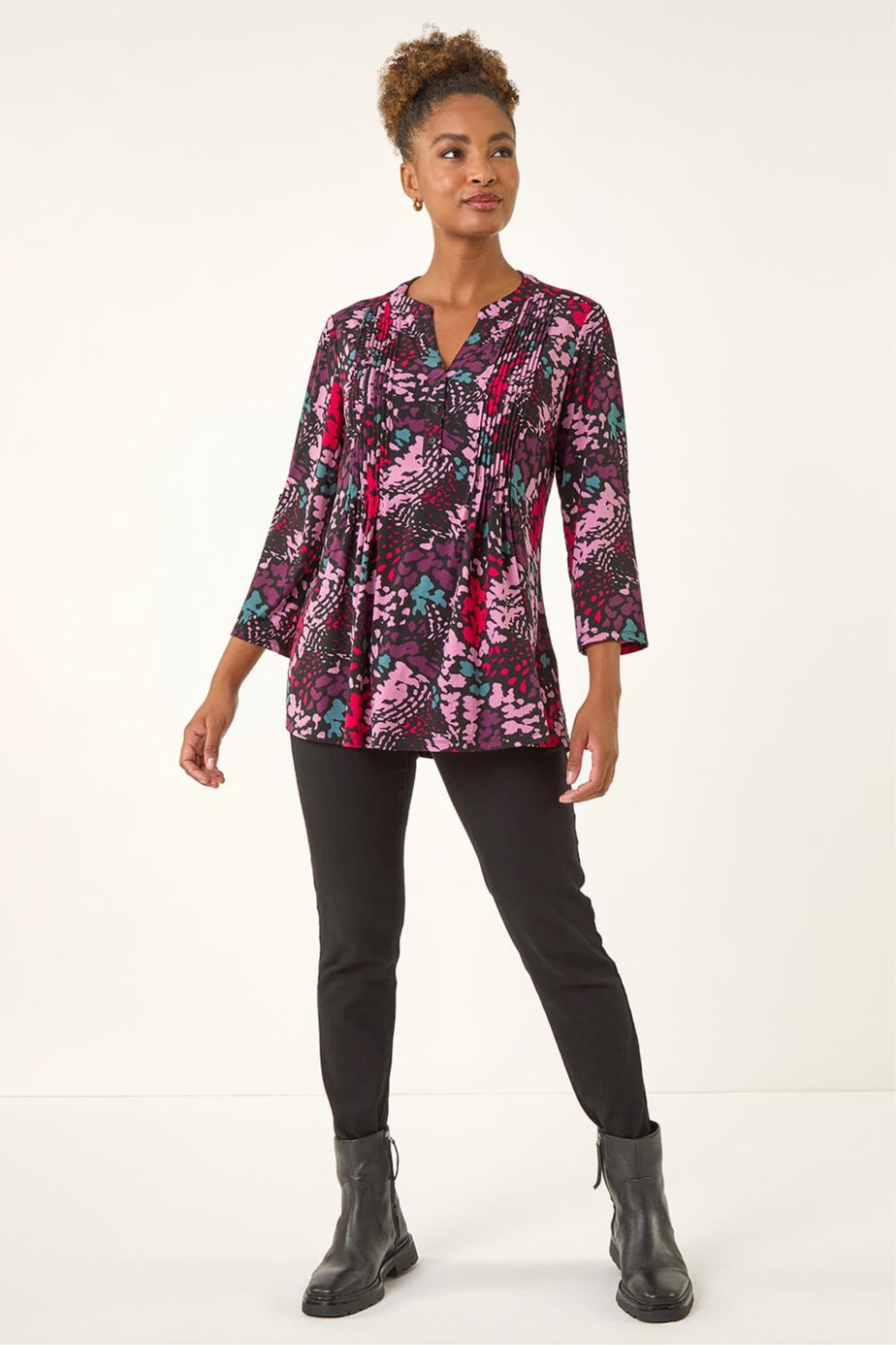 Roman Pink Abstract Animal Print Pintuck Shirt