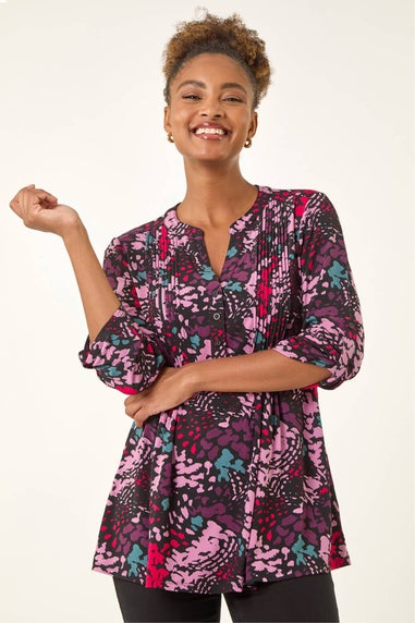 Roman Pink Abstract Animal Print Pintuck Shirt