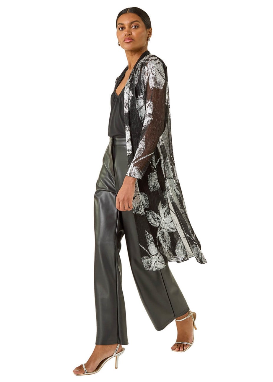 Roman Silver Foil Leaf Print Plisse Kimono