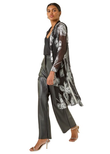 Roman Silver Foil Leaf Print Plisse Kimono