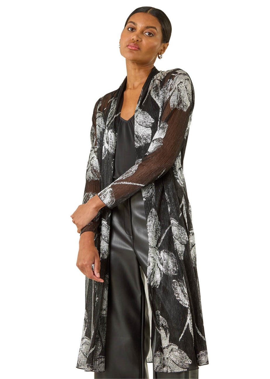 Roman Silver Foil Leaf Print Plisse Kimono