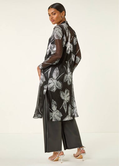 Roman Silver Foil Leaf Print Plisse Kimono