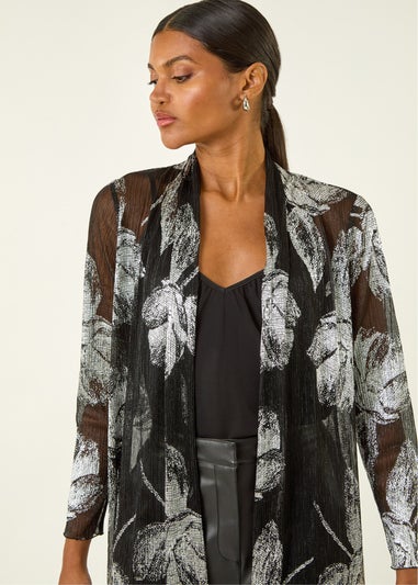 Roman Silver Foil Leaf Print Plisse Kimono