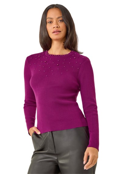 Dusk Magenta Crew Neck Pearl Knit Jumper