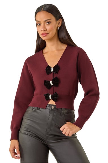 Dusk Burgundy Bow Buttoned Knit Cardigan