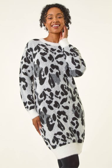 Roman Grey Petite Animal Print Knitted Dress