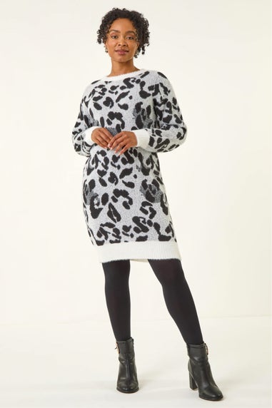 Roman Grey Petite Animal Print Knitted Dress