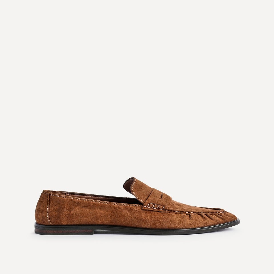 Linzi Belmont Tan Suede Leather Ruched Loafer