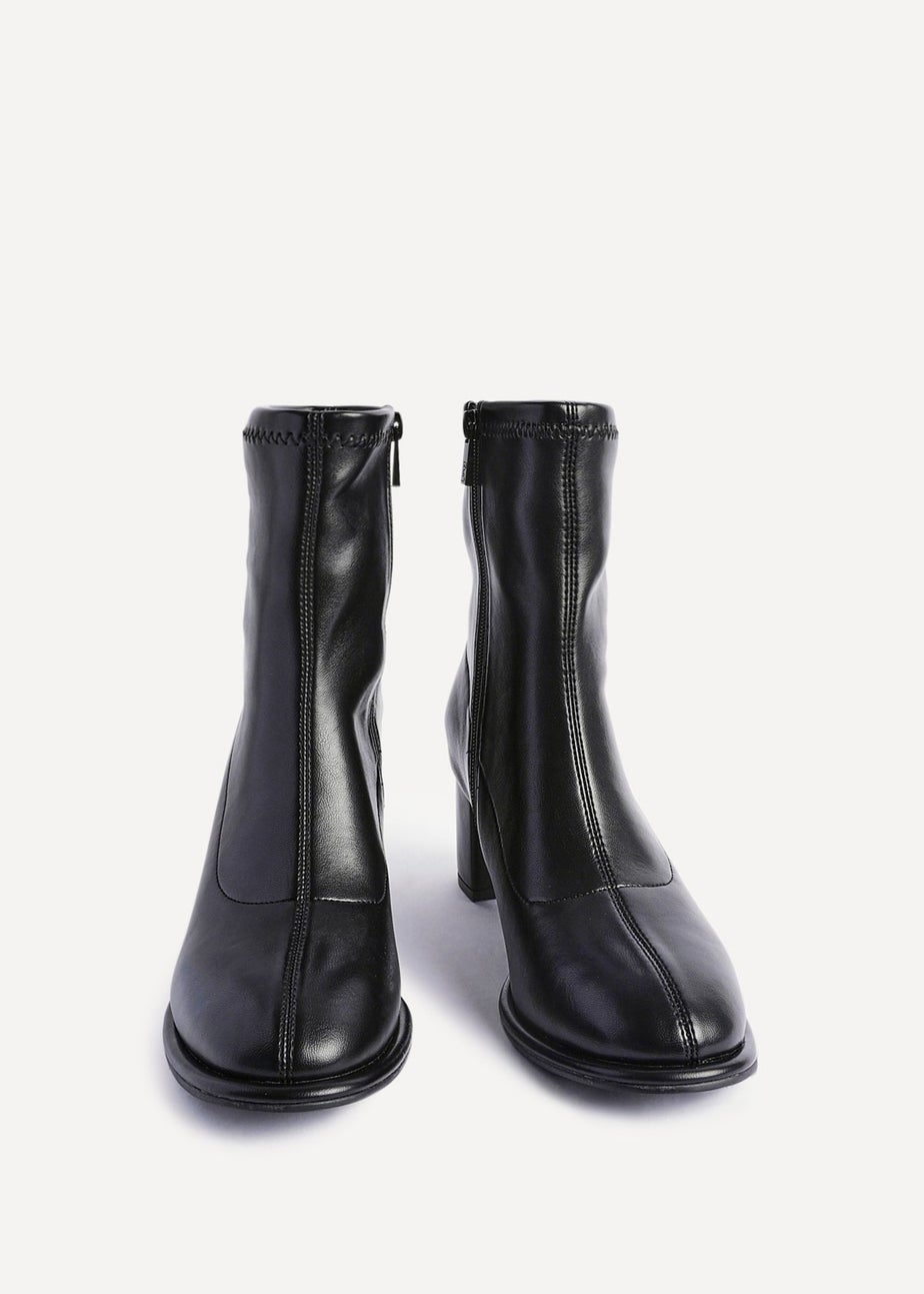 Linzi Rita Black Faux Leather Round Toe Block Heel Sock Boot