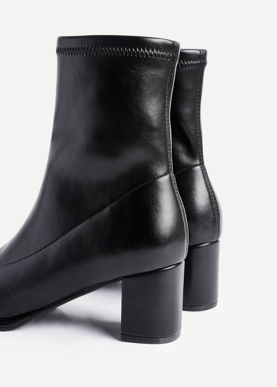 Linzi Rita Black Faux Leather Round Toe Block Heel Sock Boot