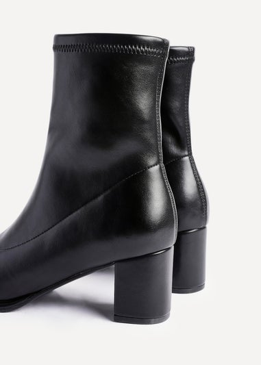 Linzi Rita Black Faux Leather Round Toe Block Heel Sock Boot