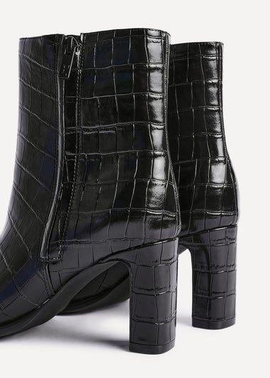 Linzi Jonas Black Faux Croc Patent Leather Block Heel Ankle Boot