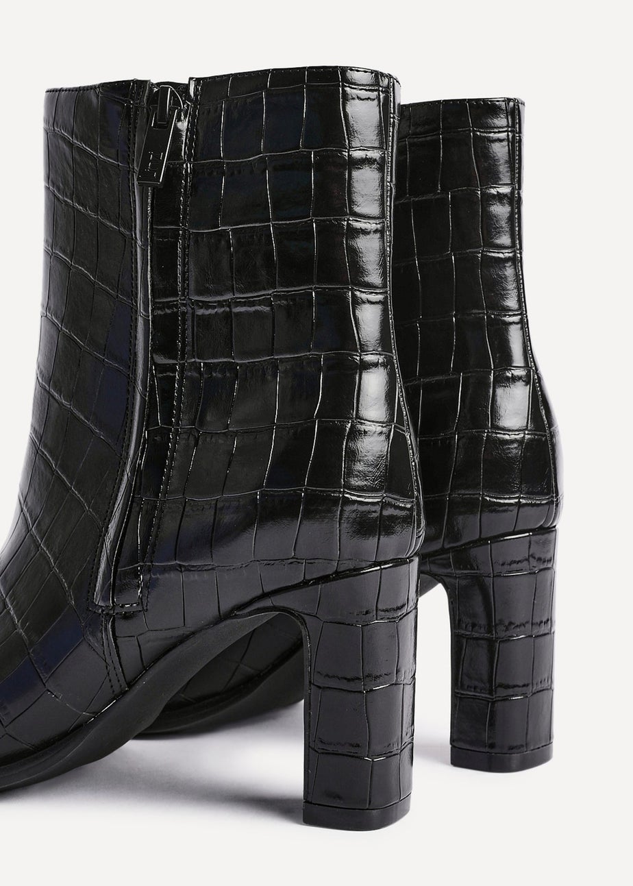 Linzi Jonas Black Faux Croc Patent Leather Block Heel Ankle Boot