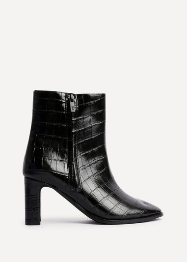 Linzi Jonas Black Faux Croc Patent Leather Block Heel Ankle Boot