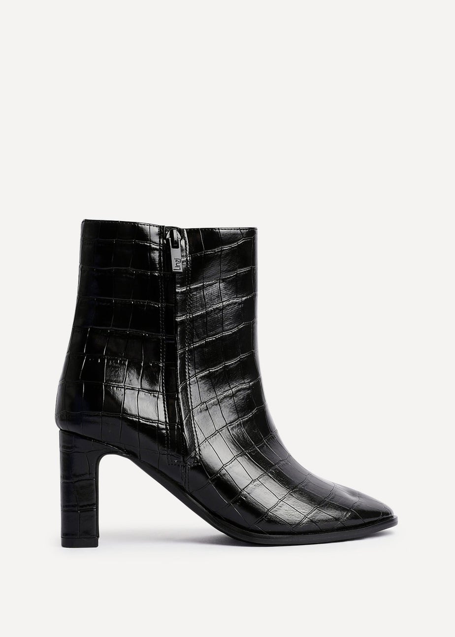 Linzi Jonas Black Faux Croc Patent Leather Block Heel Ankle Boot