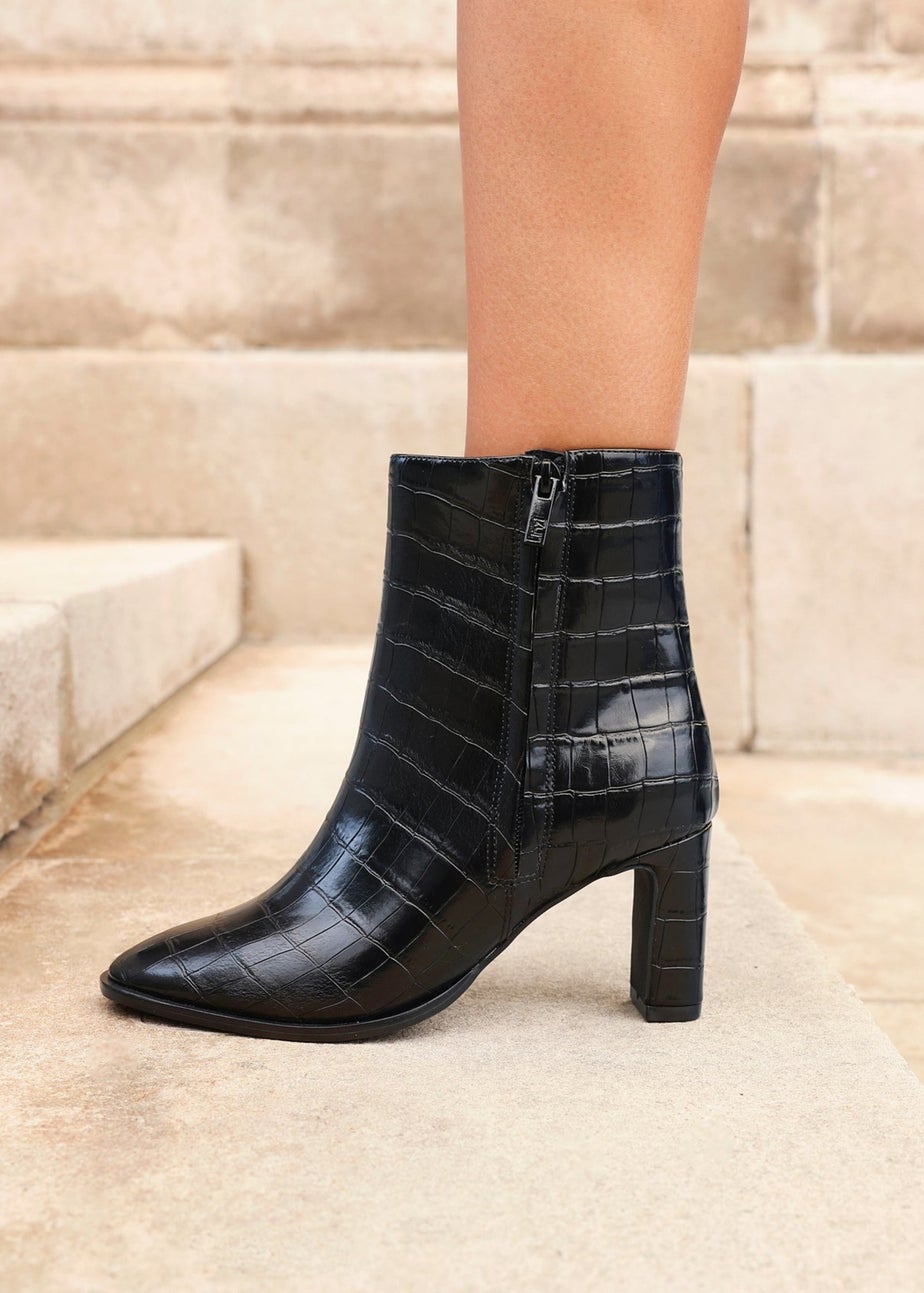 Linzi Jonas Black Faux Croc Patent Leather Block Heel Ankle Boot