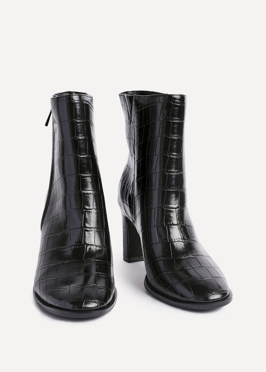 Linzi Jonas Black Faux Croc Patent Leather Block Heel Ankle Boot