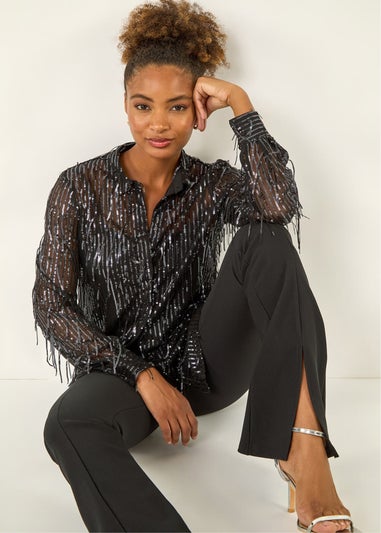 Roman Dark Grey Sequin Tassel Stretch Shirt