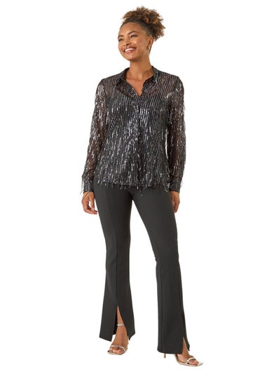 Roman Dark Grey Sequin Tassel Stretch Shirt