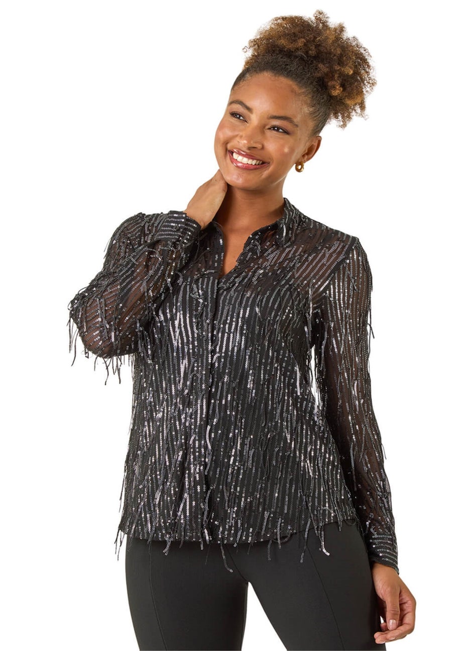 Roman Dark Grey Sequin Tassel Stretch Shirt