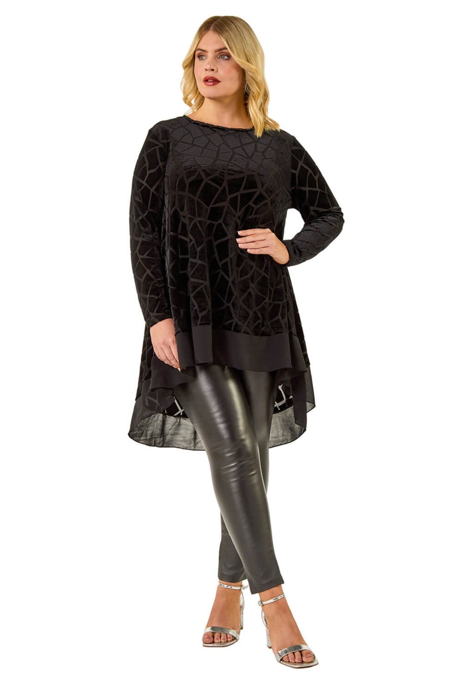 Roman Black Curve Velvet Chiffon Hem Top