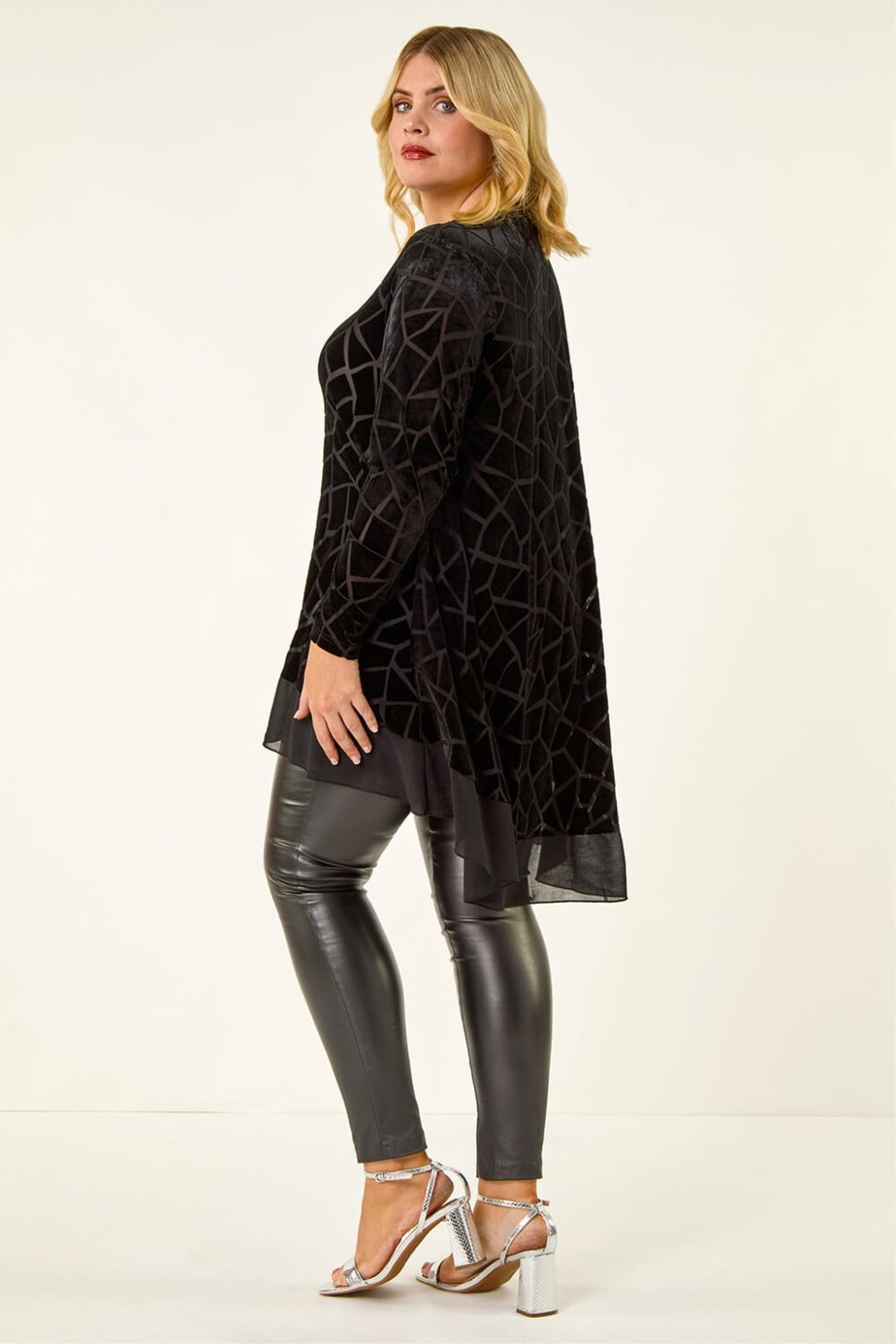 Roman Black Curve Velvet Chiffon Hem Top