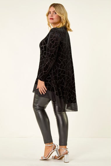 Roman Black Curve Velvet Chiffon Hem Top