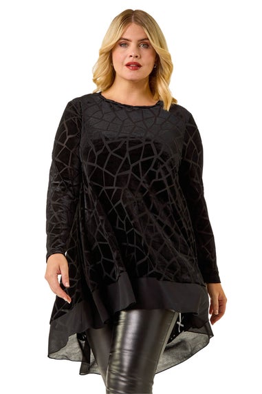 Roman Black Curve Velvet Chiffon Hem Top