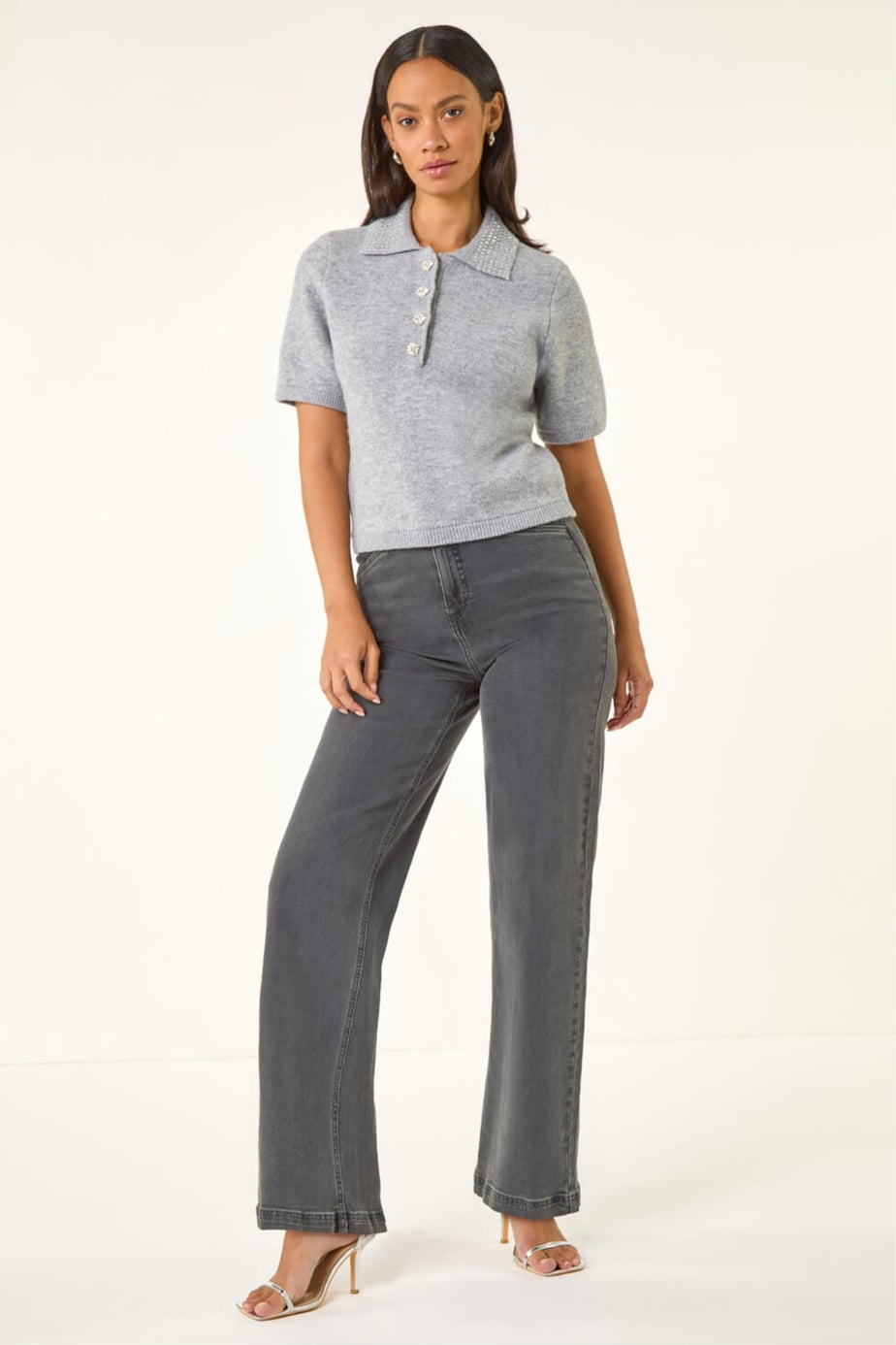 Dusk Grey Embellished Knit Collared Top