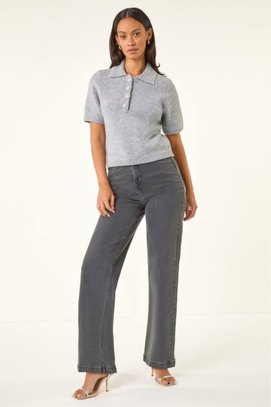 Dusk Grey Embellished Knit Collared Top