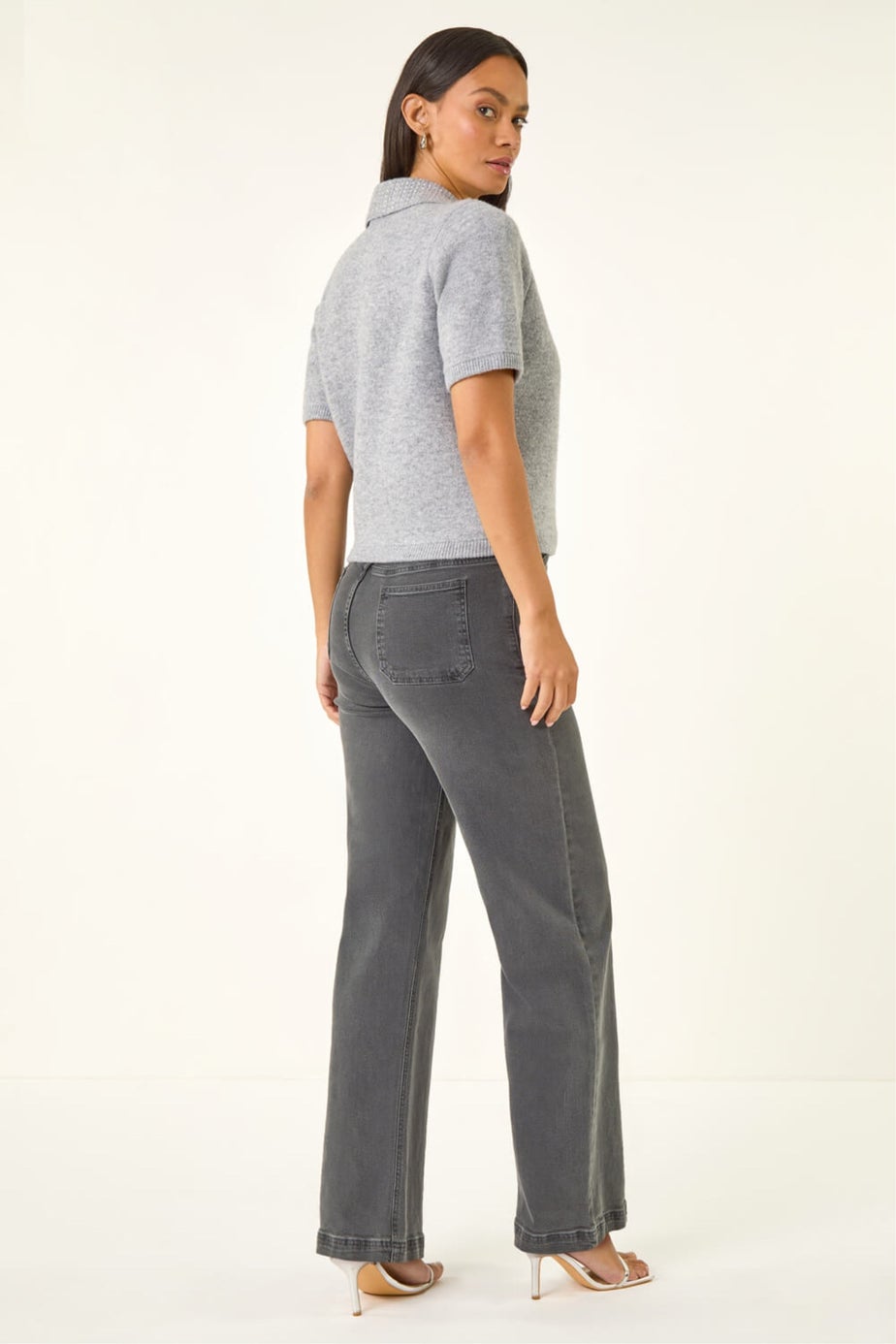 Dusk Grey Embellished Knit Collared Top