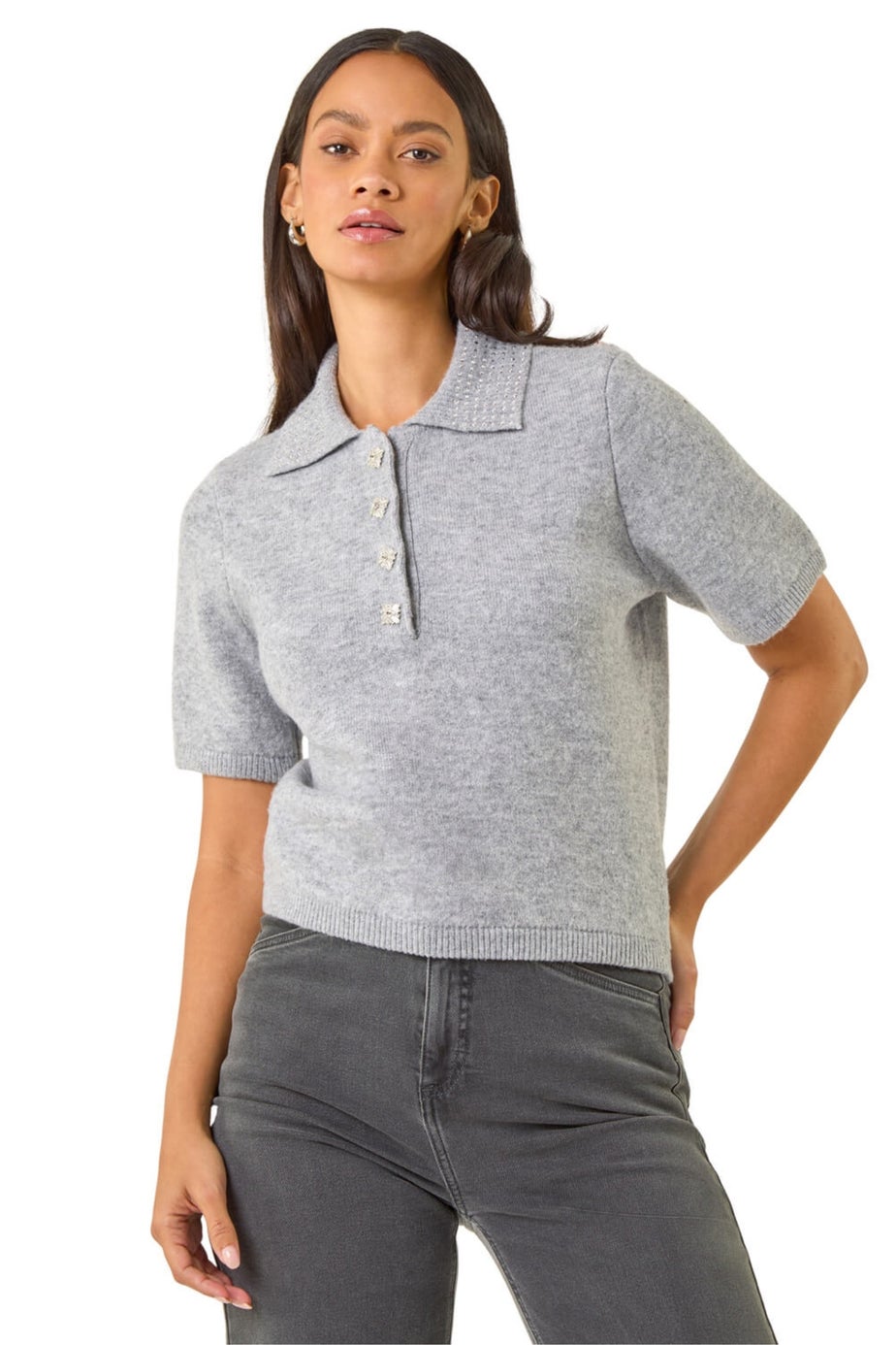 Dusk Grey Embellished Knit Collared Top