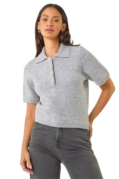 Dusk Grey Embellished Knit Collared Top