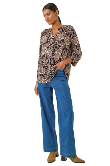 Roman Beige Paisley Print V-Neck Stretch Shirt