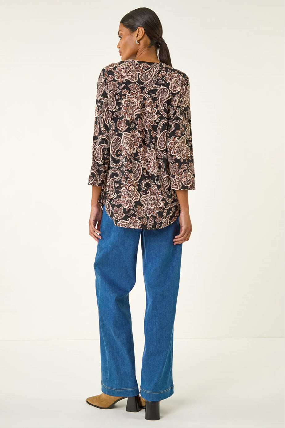 Roman Beige Paisley Print V-Neck Stretch Shirt