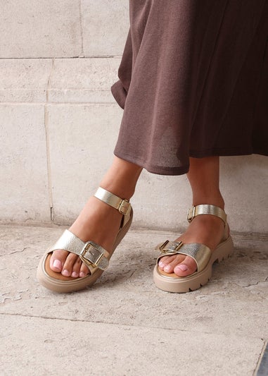 Linzi Comet Gold Faux Grain Leather Chunky Sandal