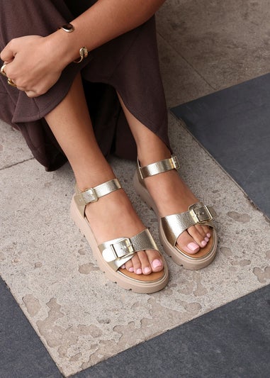 Linzi Comet Gold Faux Grain Leather Chunky Sandal