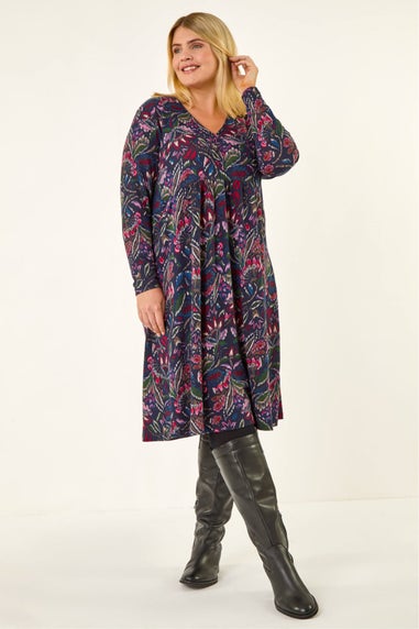 Roman NAVY Paisley Soft Stretch V-Neck Dress