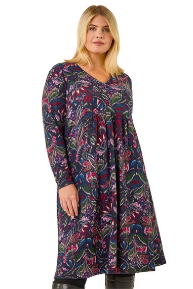 Roman NAVY Paisley Soft Stretch V-Neck Dress